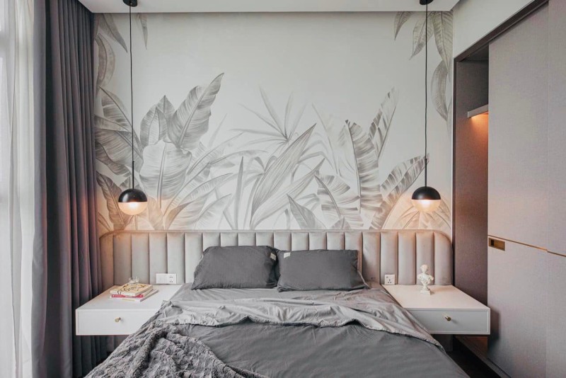 nội thất phòng ngủ giường và họa tiết vẽ tường