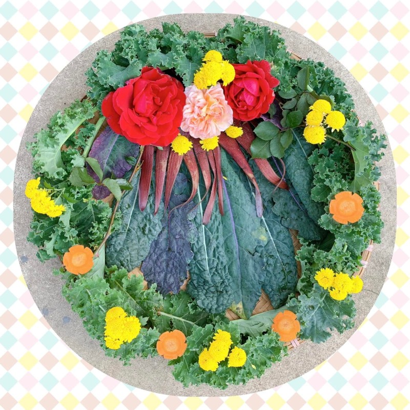 vòng noel làm từ kale hoa hồng, hoa cúc và cà rốt