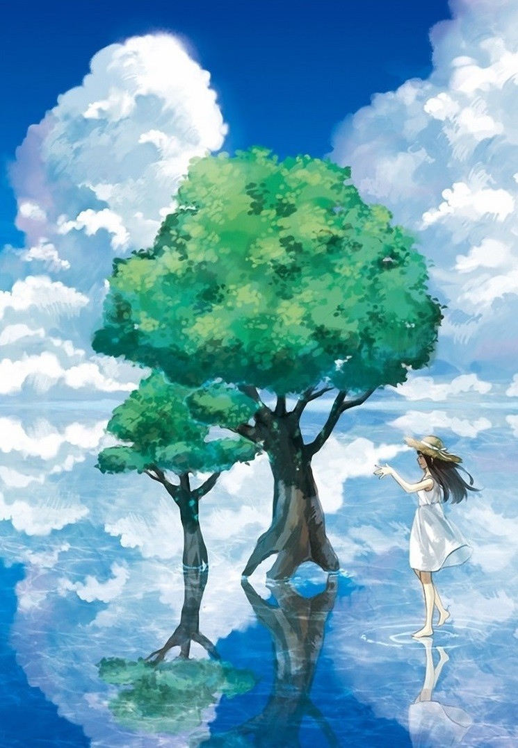 hình nền màu xanh hoạt hình cô gái cạnh cây